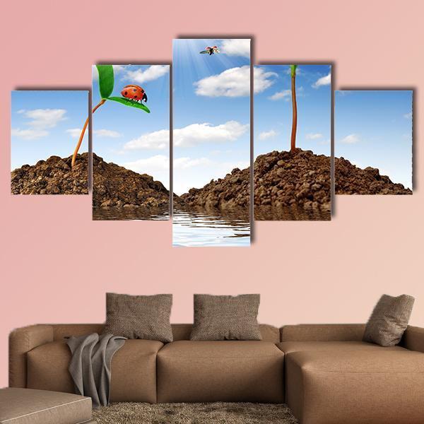 Growing Plant With Ladybugs Canvas Wall Art-5 Star-Gallery Wrap-62" x 32"-Tiaracle