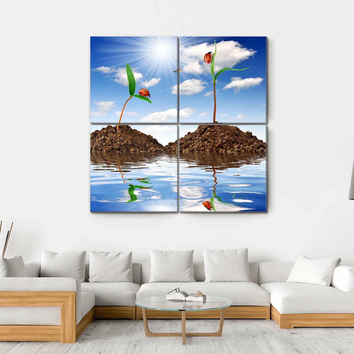 Growing Plant With Ladybugs Canvas Wall Art-4 Square-Gallery Wrap-17" x 17"-Tiaracle