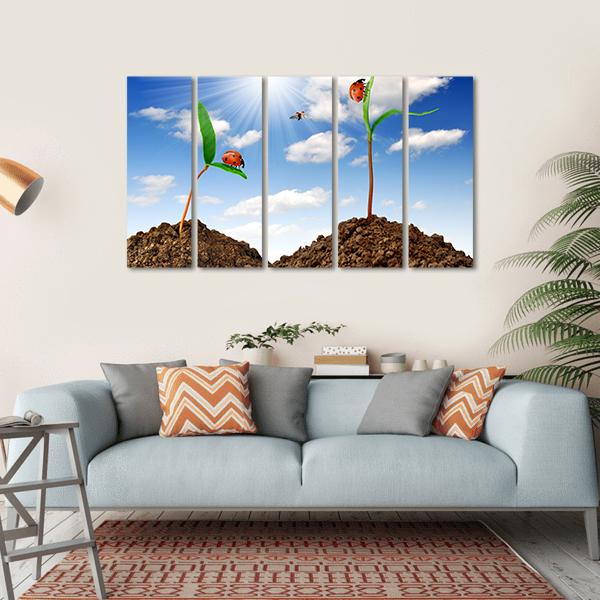 Growing Plant With Ladybugs Canvas Wall Art-5 Horizontal-Gallery Wrap-22" x 12"-Tiaracle
