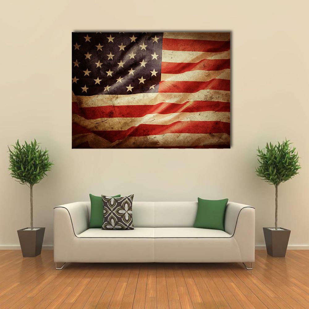 Grunge American Flag Close-up Canvas Wall Art in beige, red and blue, single panel hung on a wall