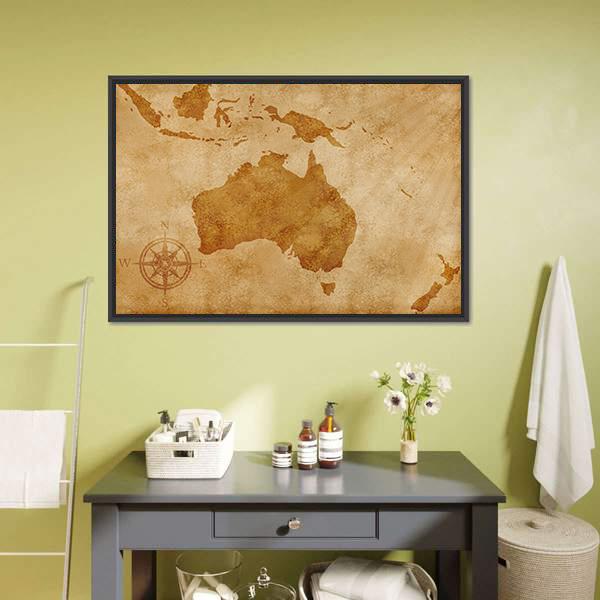 Vintage Grunge Australia Map Canvas Wall Art in beige and brown, framed canvas, product view on a white background