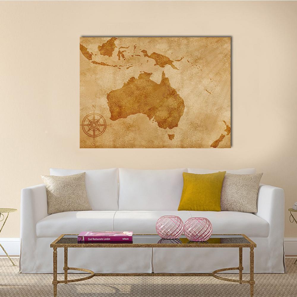 Grunge Australia Map Canvas Wall Art in beige and brown, single panel hung on a wall