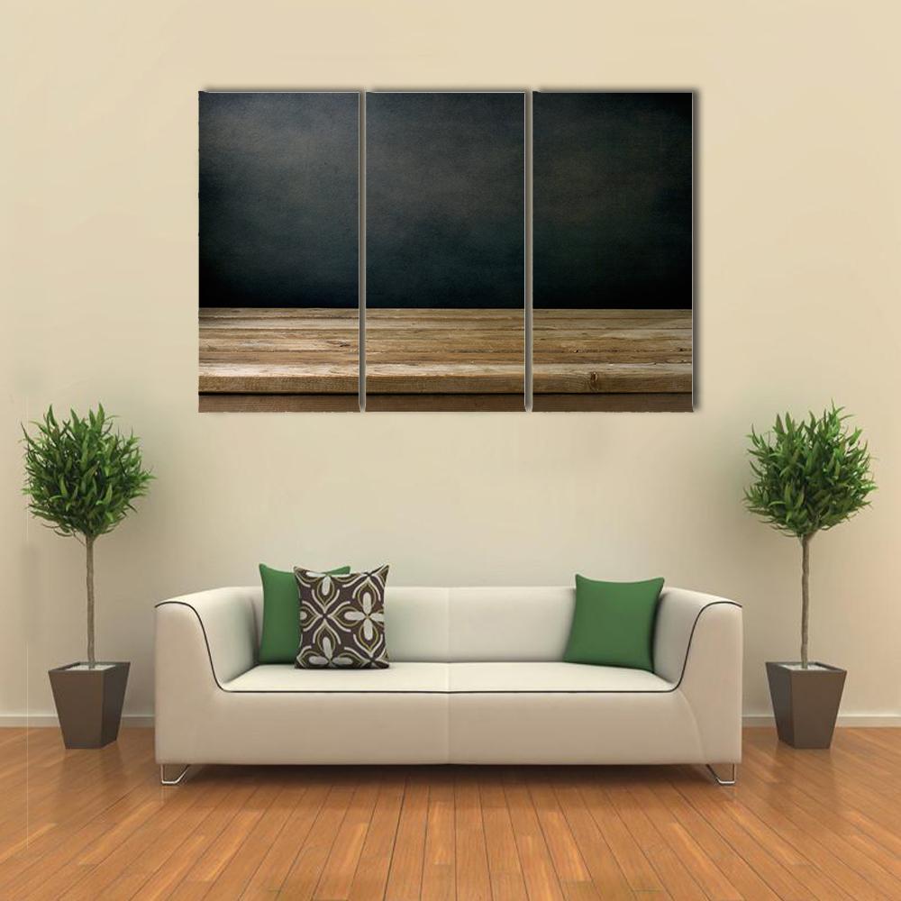 Grunge Black Wall And Wooden Table Deck Canvas Wall Art-3 Horizontal-Gallery Wrap-25" x 16"-Tiaracle