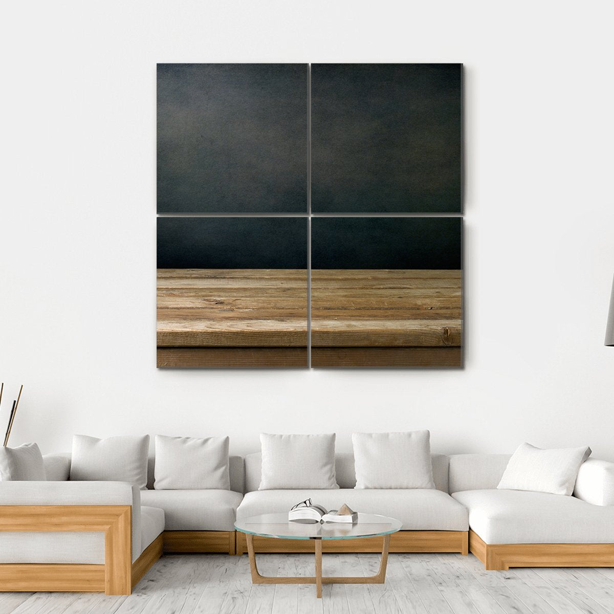 Grunge Black Wall And Wooden Table Deck Canvas Wall Art-4 Square-Gallery Wrap-17" x 17"-Tiaracle