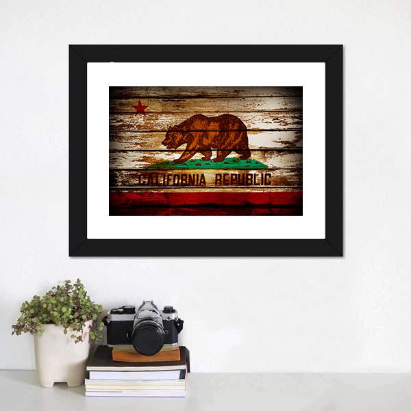 Grunge California Republic Flag Canvas Wall Art in beige, brown and red, framed print, product view on a white background