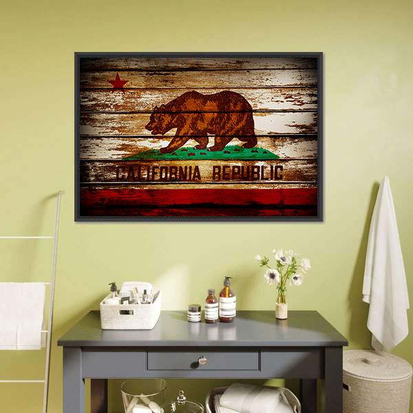 Grunge California Republic Flag Canvas Wall Art in beige, brown and red, framed canvas, product view on a white background