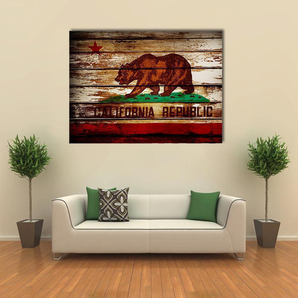 Grunge California Republic Flag Canvas Wall Art in beige, brown and red, single panel hung on a wall