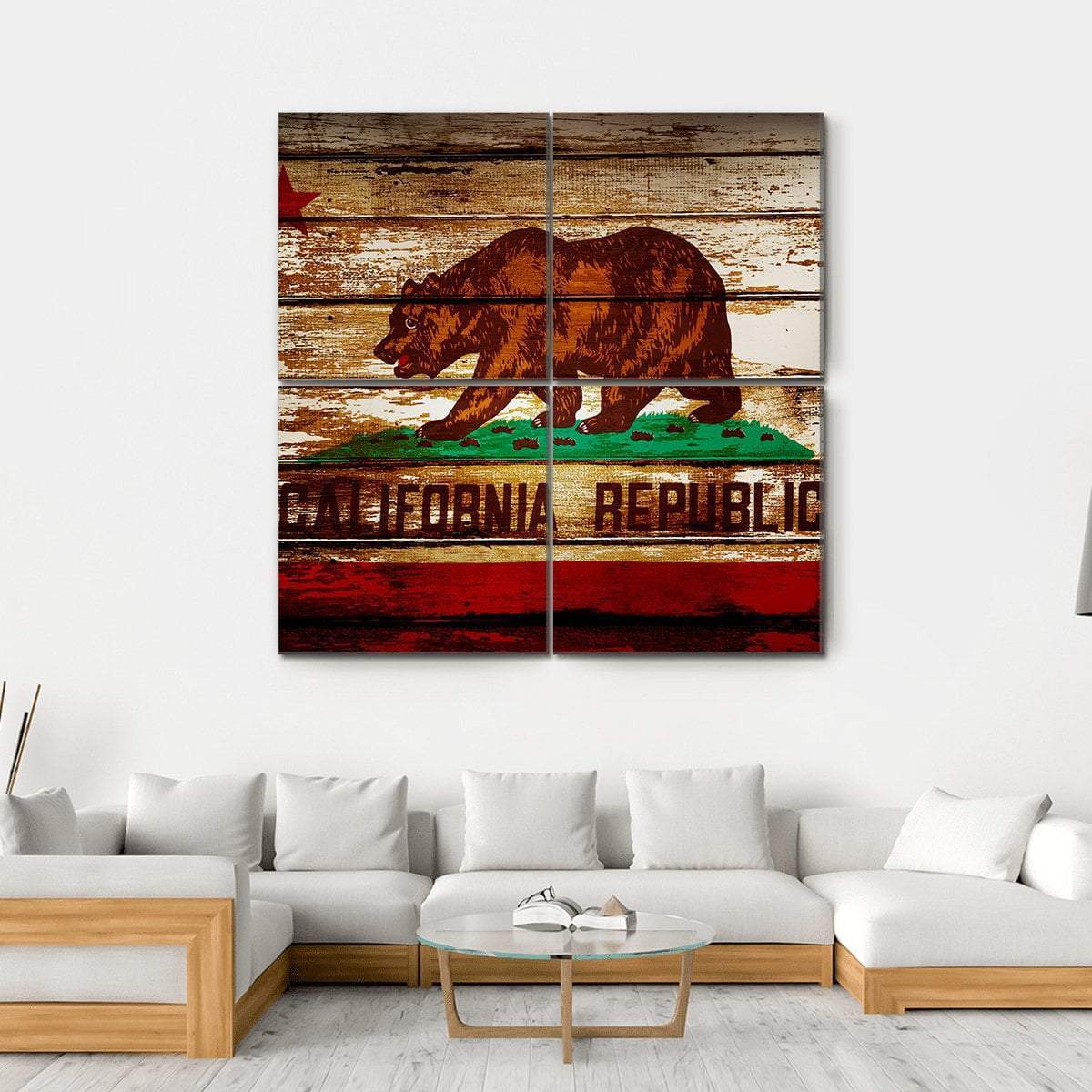 Grunge California Republic Flag Canvas Wall Art in beige, brown and red, hung on a wall