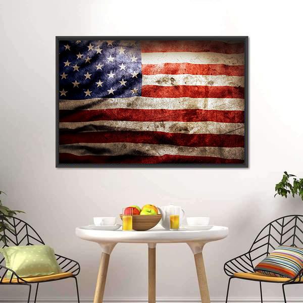 Grunge American Flag Canvas Wall Art in white, red and blue, framed canvas, product view on a white background