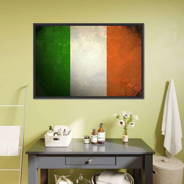 Grunge Irish Flag Canvas Wall Art in white, orange and green, framed canvas, product view on a white background