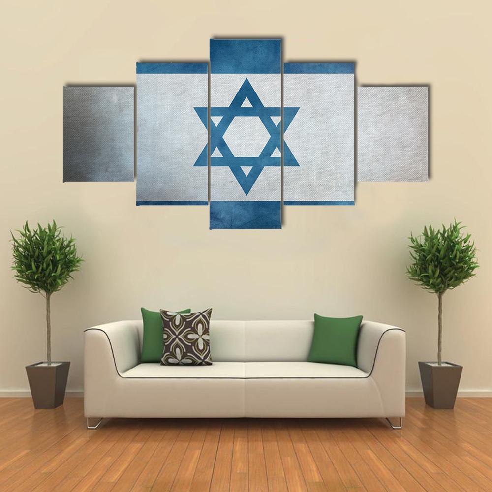 Grunge Israeli Flag Canvas Wall Art-5 Star-Gallery Wrap-62" x 32"-Tiaracle
