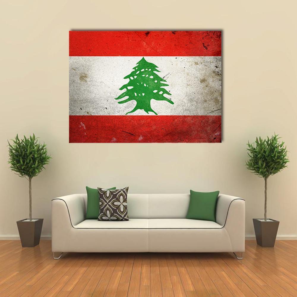 Grunge Lebanon Flag with Cedar Canvas Wall Art in white, red and green, single panel hung on a wall