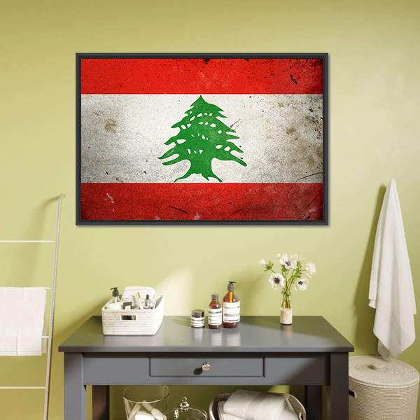 Grunge Lebanese Flag with Cedar Canvas Wall Art in white, red and green, framed canvas, product view on a white background