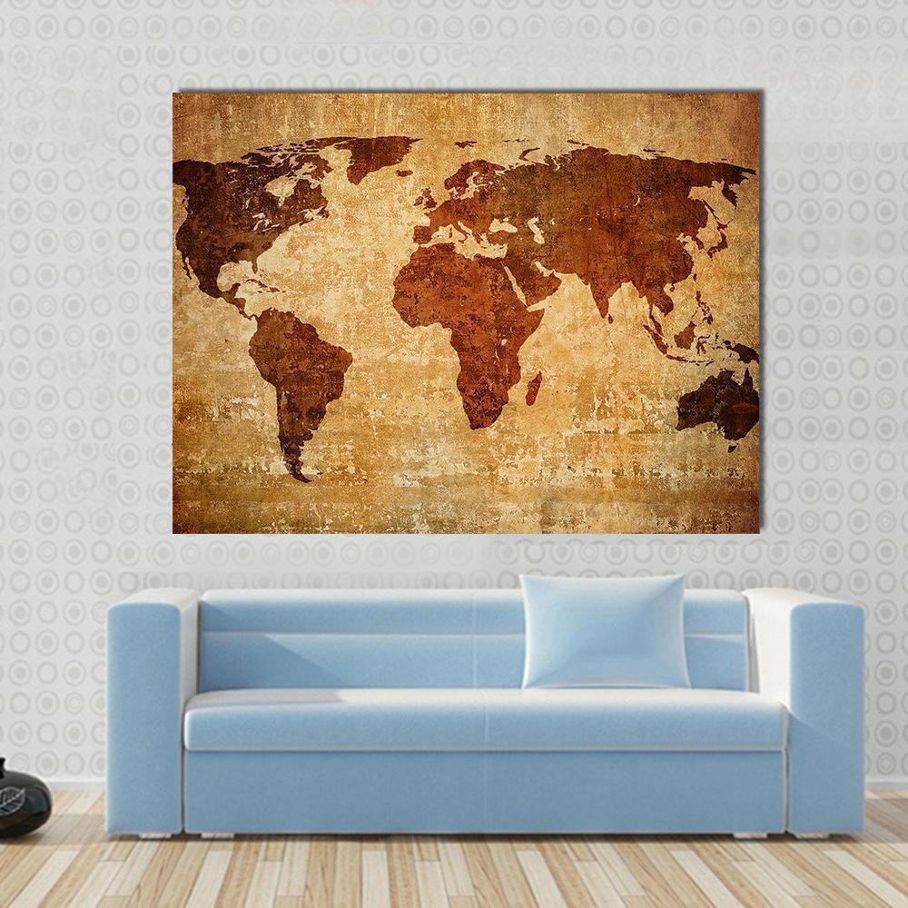 Grunge World Map Canvas Wall Art in beige and brown, single panel hung on a wall