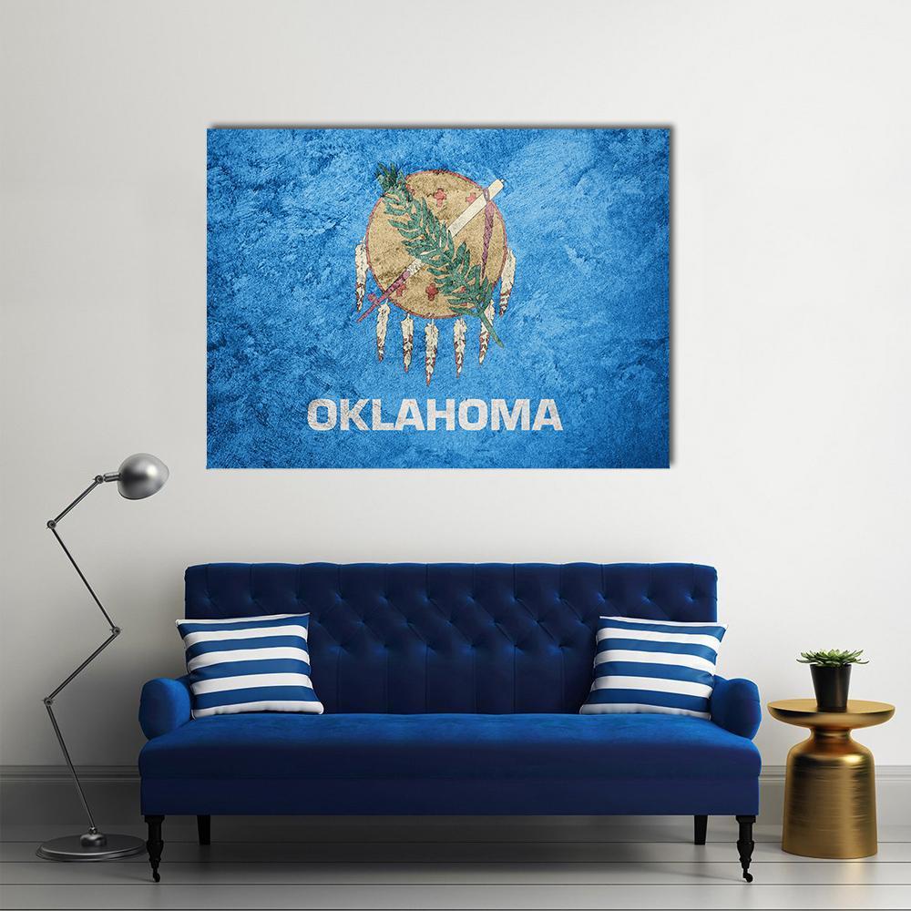 Grunge Oklahoma State Flag Canvas Wall Art in blue, single panel hung on a wall