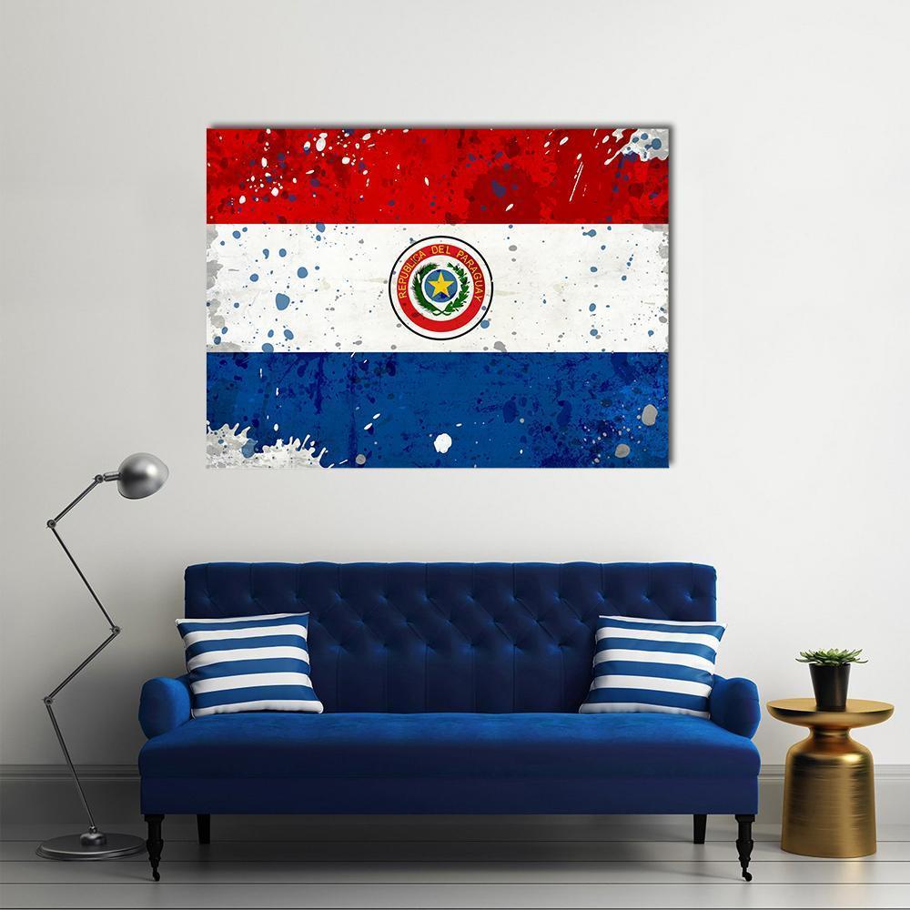 Grunge Paraguayan Flag Canvas Wall Art in white, red and blue, single panel hung on a wall