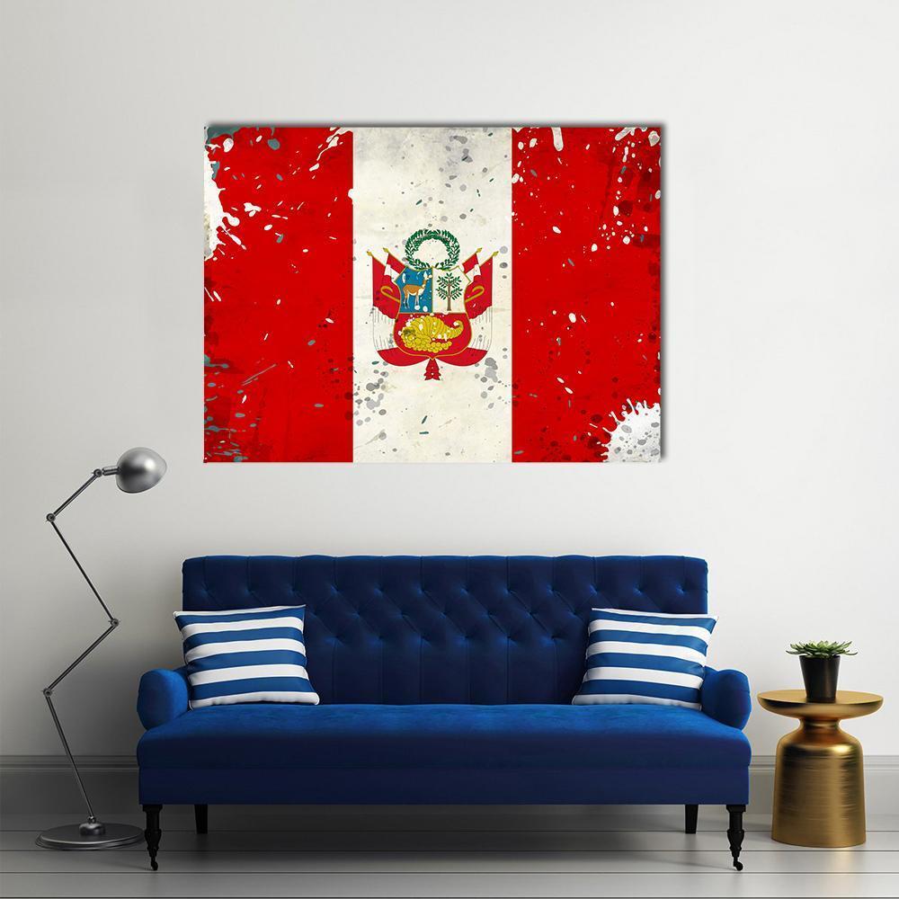 Distressed Peru Flag with Coat of Arms Canvas Wall Art in white and red, single panel hung on a wall
