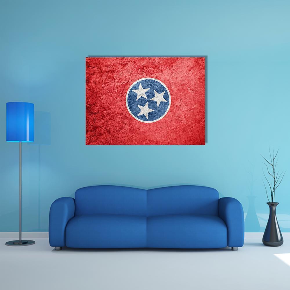 Grunge Tennessee Flag Canvas Wall Art in white, red and blue, single panel hung on a wall