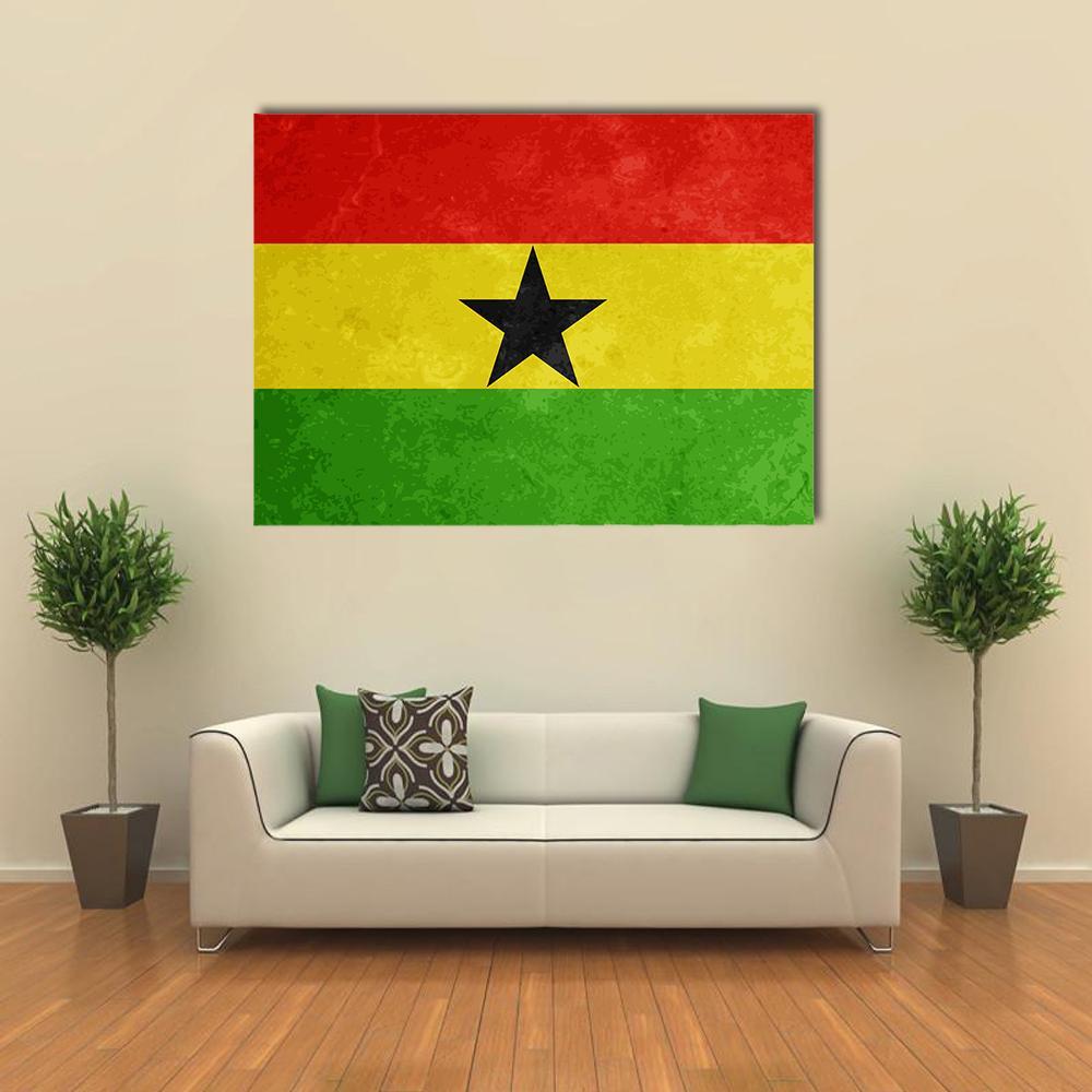 Grunge Textured Ghana Flag Canvas Wall Art in red, yellow and green, single panel hung on a wall