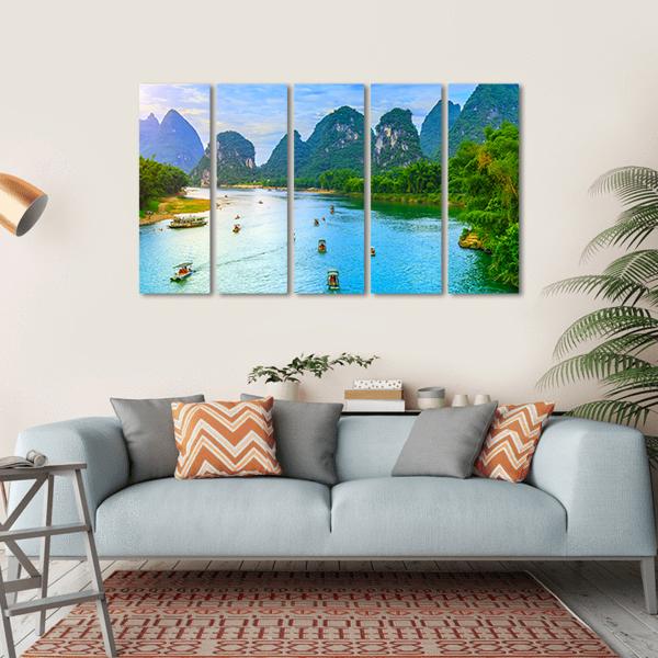 Guilin Lijiang River landscape in Yangshuo Canvas Wall Art-5 Horizontal-Gallery Wrap-22" x 12"-Tiaracle