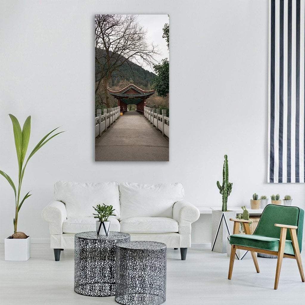 Stone Bridge by Chinese Temple Gate Vertical Canvas Wall Art in gray, brown and green, single vertical panel hung on a wall