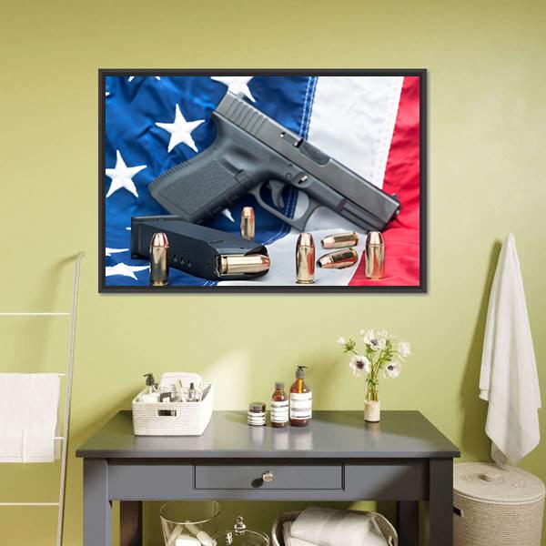 Gun &amp; Bullets On American Flag Canvas Wall Art-1 Piece-Floating Frame-24" x 16"-Tiaracle