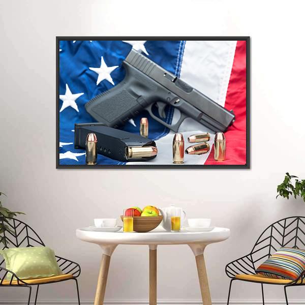 Gun &amp; Bullets On American Flag Canvas Wall Art-3 Horizontal-Gallery Wrap-25" x 16"-Tiaracle