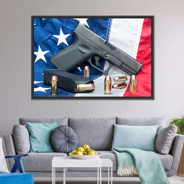 Gun & Bullets On American Flag Canvas Wall Art-5 Horizontal-Gallery Wrap-22" x 12"-Tiaracle