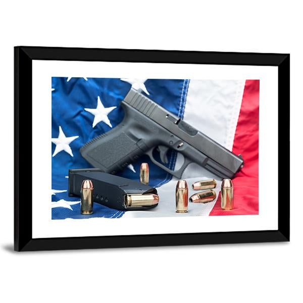 Gun & Bullets On American Flag Canvas Wall Art-5 Horizontal-Gallery Wrap-22" x 12"-Tiaracle