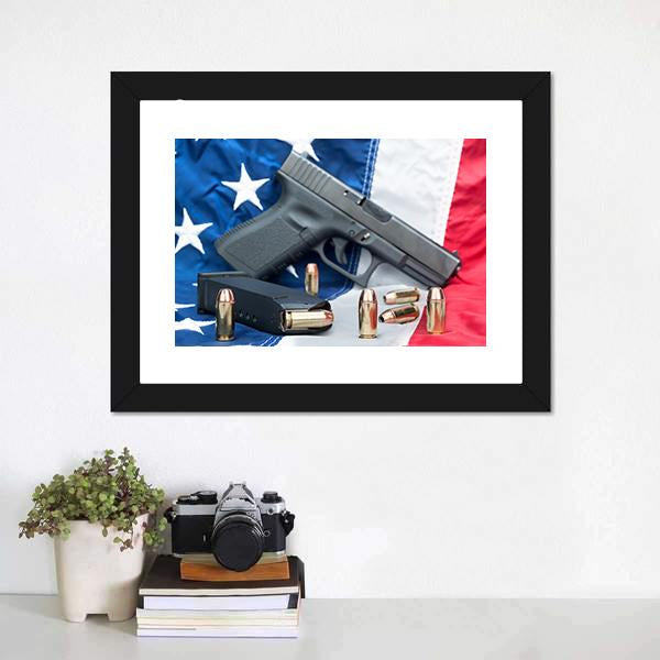 Gun &amp; Bullets On American Flag Canvas Wall Art-1 Piece-Framed Print-20" x 16"-Tiaracle