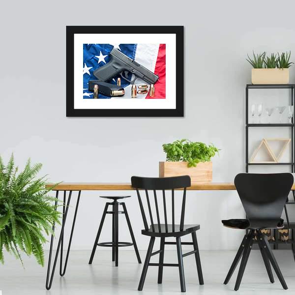 Gun &amp; Bullets On American Flag Canvas Wall Art-3 Horizontal-Gallery Wrap-25" x 16"-Tiaracle