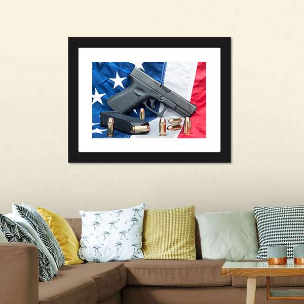 Gun &amp; Bullets On American Flag Canvas Wall Art-5 Horizontal-Gallery Wrap-22" x 12"-Tiaracle