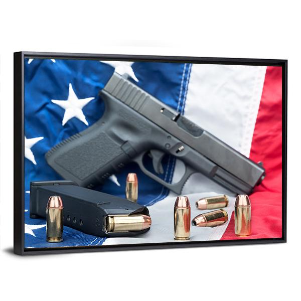 Gun & Bullets On American Flag Canvas Wall Art-5 Horizontal-Gallery Wrap-22" x 12"-Tiaracle
