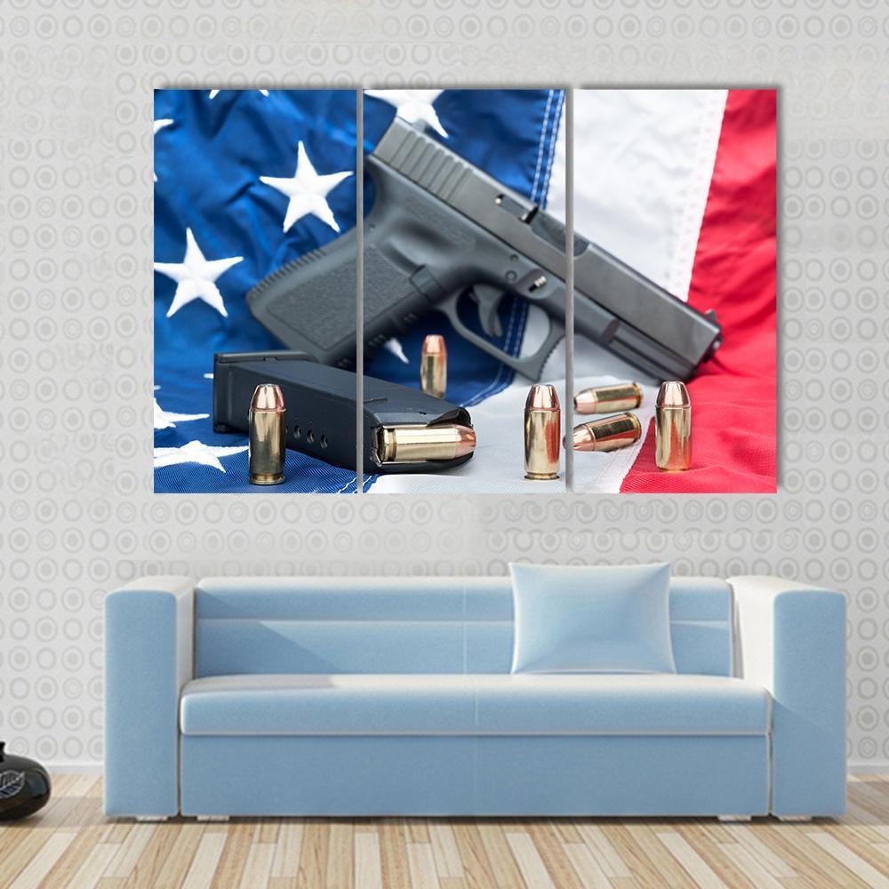 Gun &amp; Bullets On American Flag Canvas Wall Art-3 Horizontal-Gallery Wrap-37" x 24"-Tiaracle