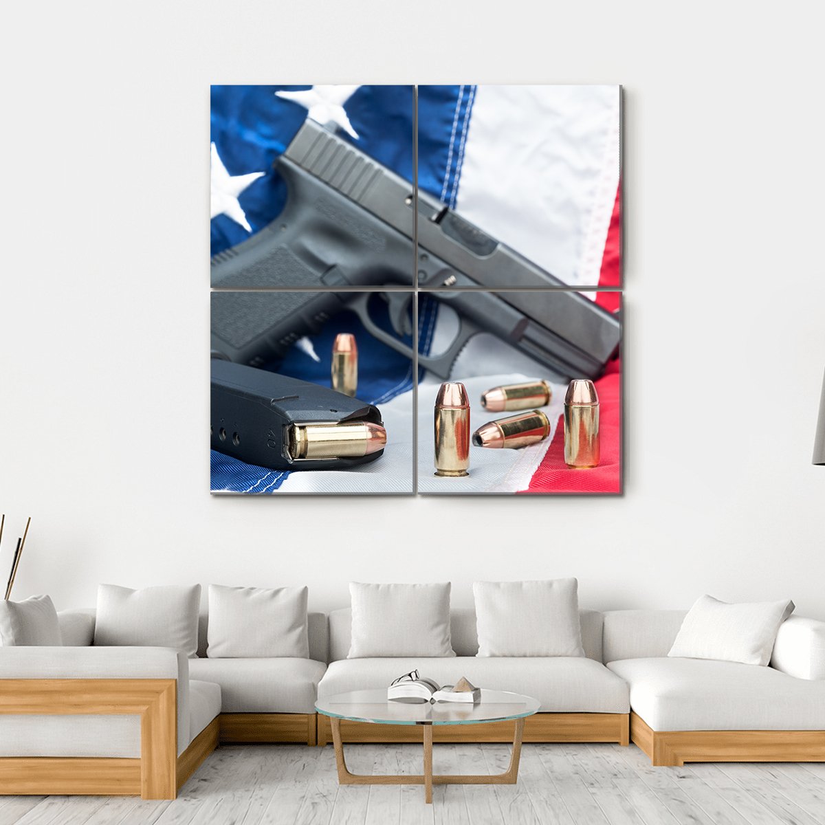 Gun & Bullets On American Flag Canvas Wall Art-4 Square-Gallery Wrap-17" x 17"-Tiaracle