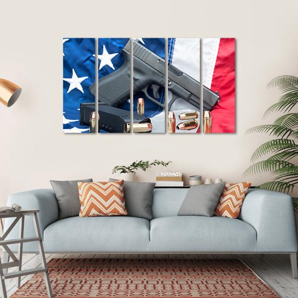 Gun &amp; Bullets On American Flag Canvas Wall Art-5 Horizontal-Gallery Wrap-22" x 12"-Tiaracle