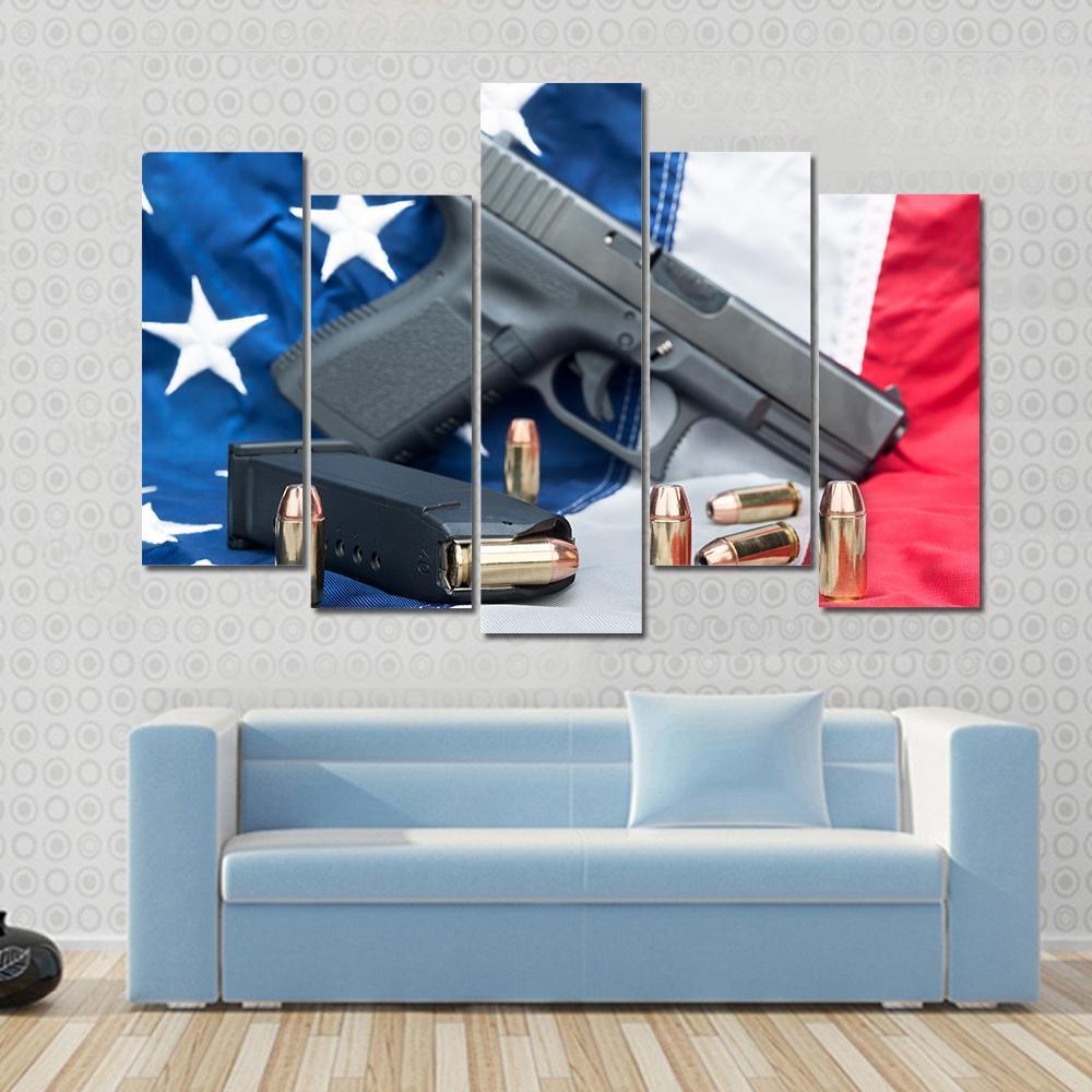 Gun &amp; Bullets On American Flag Canvas Wall Art-5 Pop-Gallery Wrap-47" x 32"-Tiaracle