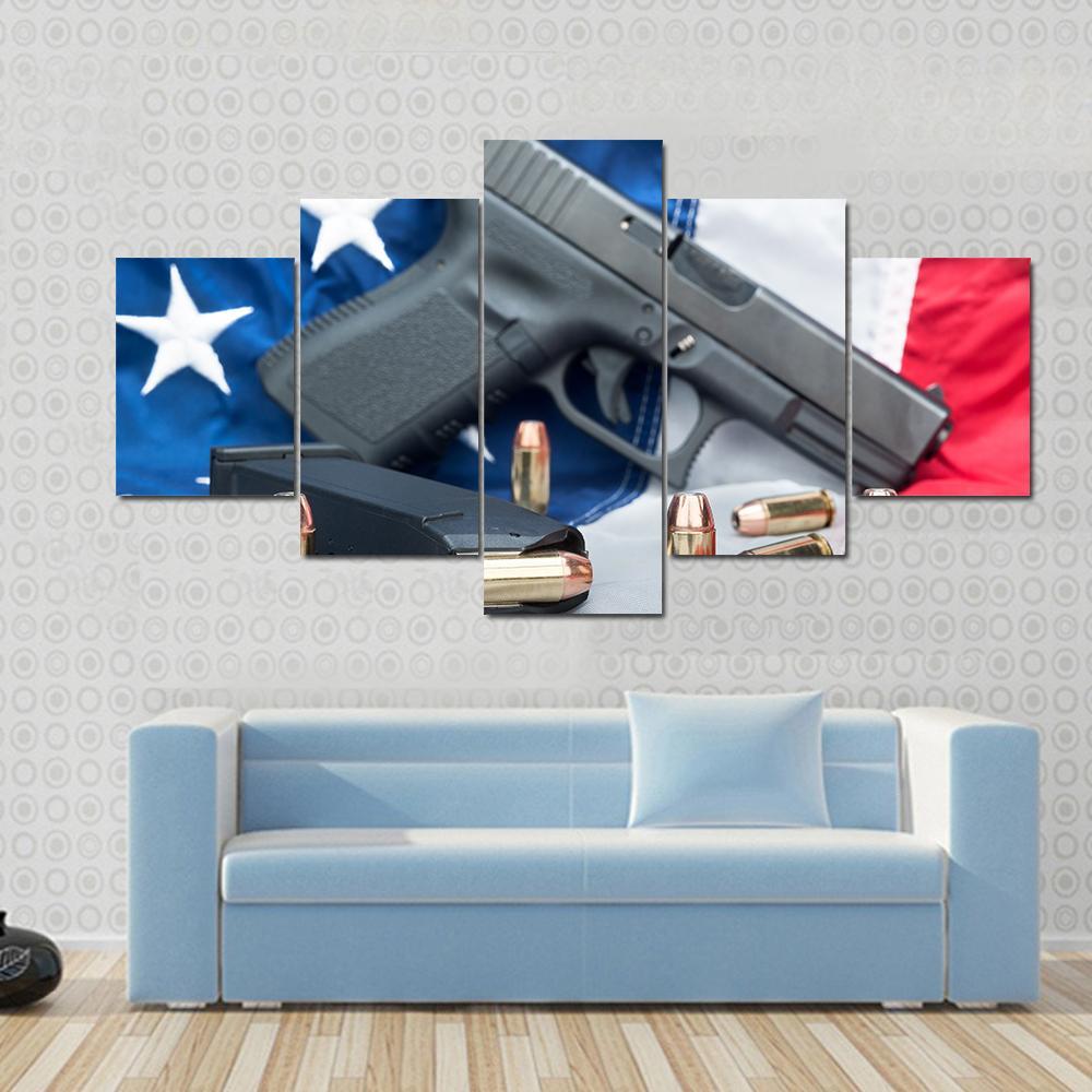 Gun &amp; Bullets On American Flag Canvas Wall Art-5 Star-Gallery Wrap-62" x 32"-Tiaracle