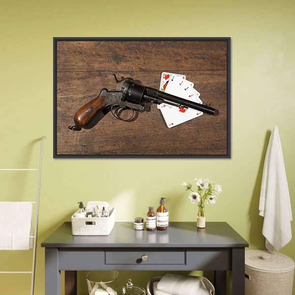 Gun and Cards on Table Canvas Wall Art in black, white and brown, framed canvas, product view on a white background