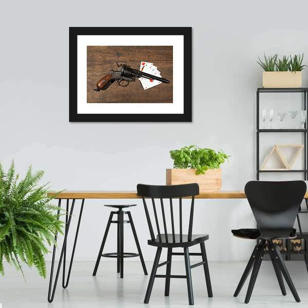 Gun & Cards On Table Canvas Wall Art-5 Horizontal-Gallery Wrap-22" x 12"-Tiaracle
