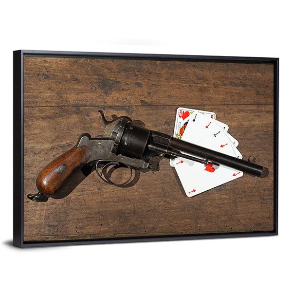 Gun & Cards On Table Canvas Wall Art-5 Horizontal-Gallery Wrap-22" x 12"-Tiaracle