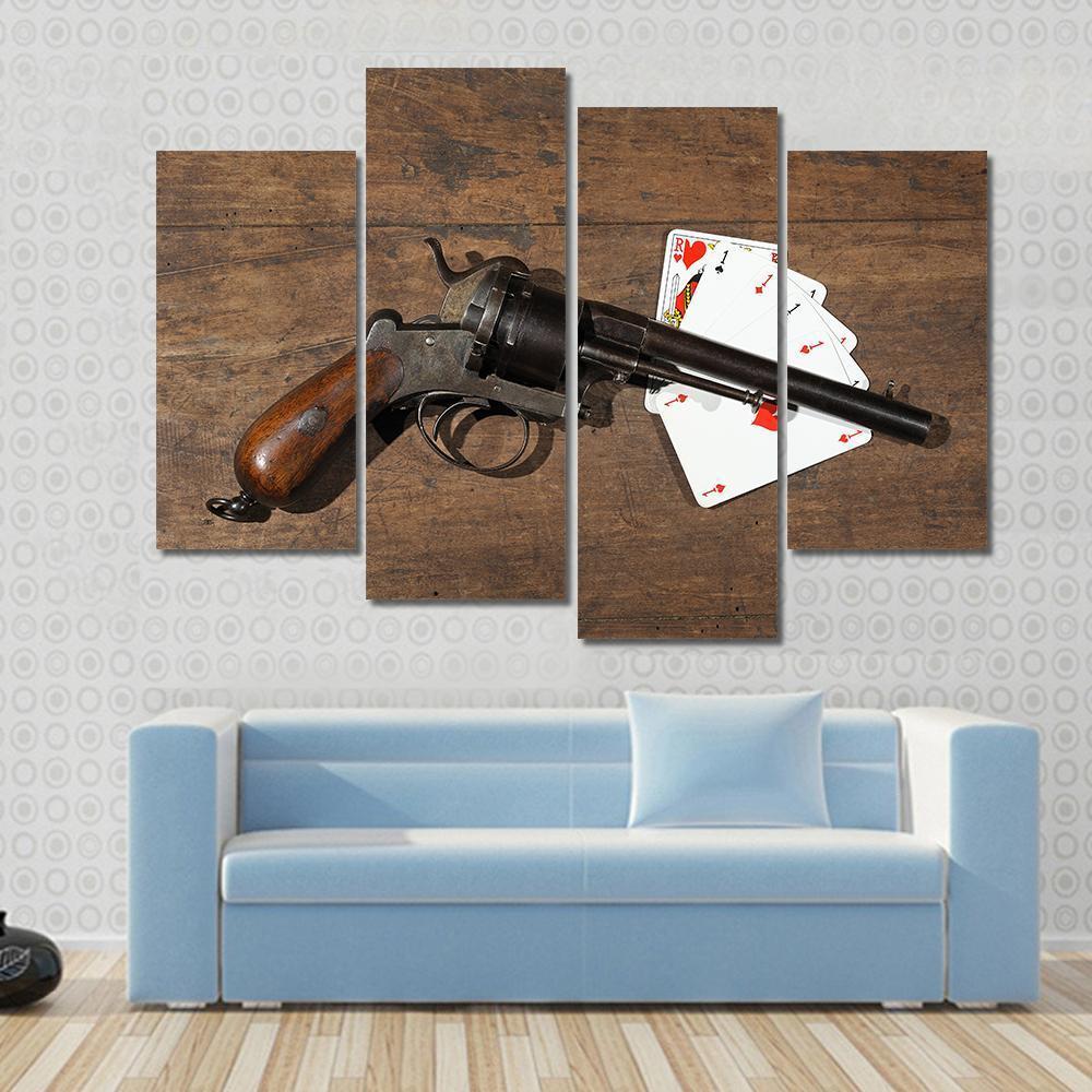 Gun &amp; Cards On Table Canvas Wall Art-4 Pop-Gallery Wrap-50&quot; x 32&quot;-Tiaracle