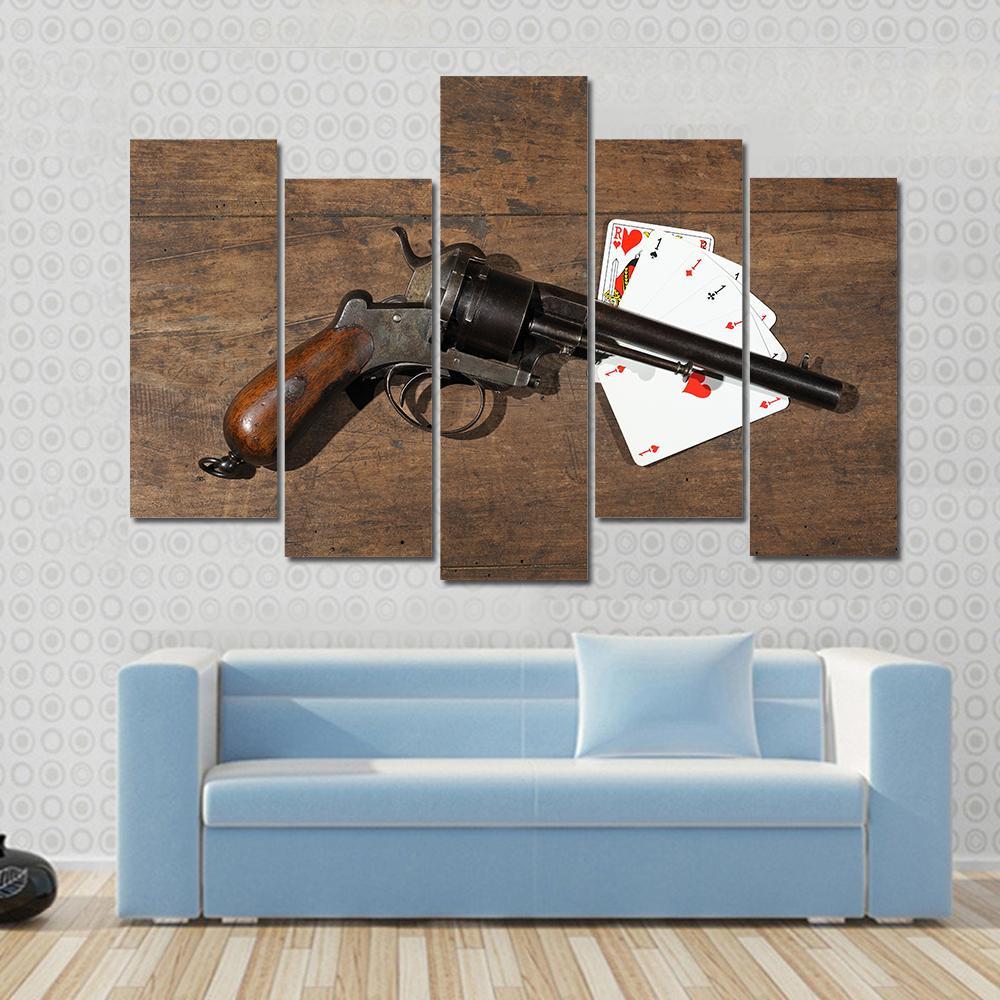 Gun &amp; Cards On Table Canvas Wall Art-5 Pop-Gallery Wrap-47&quot; x 32&quot;-Tiaracle