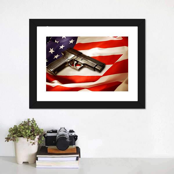 Gun Lying On American Flag Canvas Wall Art-1 Piece-Framed Print-20" x 16"-Tiaracle
