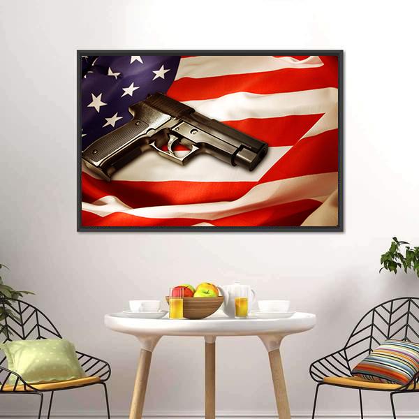 Gun Lying On American Flag Canvas Wall Art-3 Horizontal-Gallery Wrap-25" x 16"-Tiaracle