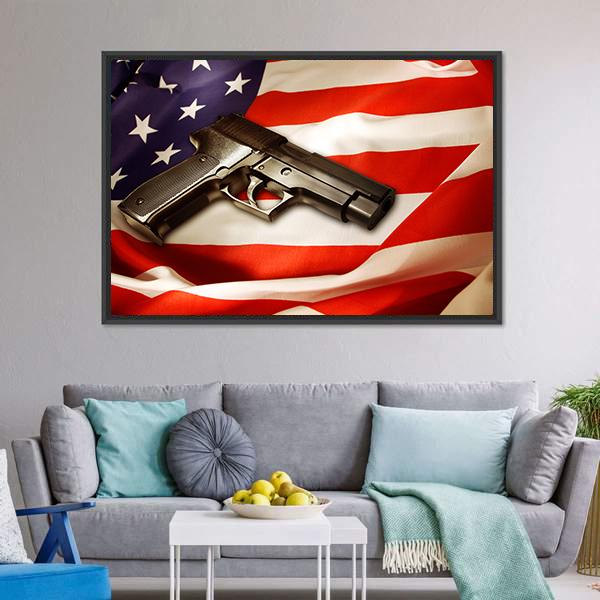 Gun Lying On American Flag Canvas Wall Art-5 Horizontal-Gallery Wrap-22" x 12"-Tiaracle