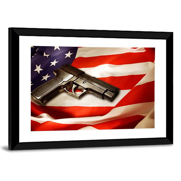 Gun Lying On American Flag Canvas Wall Art-5 Horizontal-Gallery Wrap-22" x 12"-Tiaracle