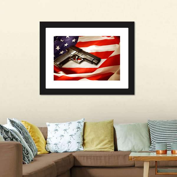 Gun Lying On American Flag Canvas Wall Art-1 Piece-Framed Print-20" x 16"-Tiaracle