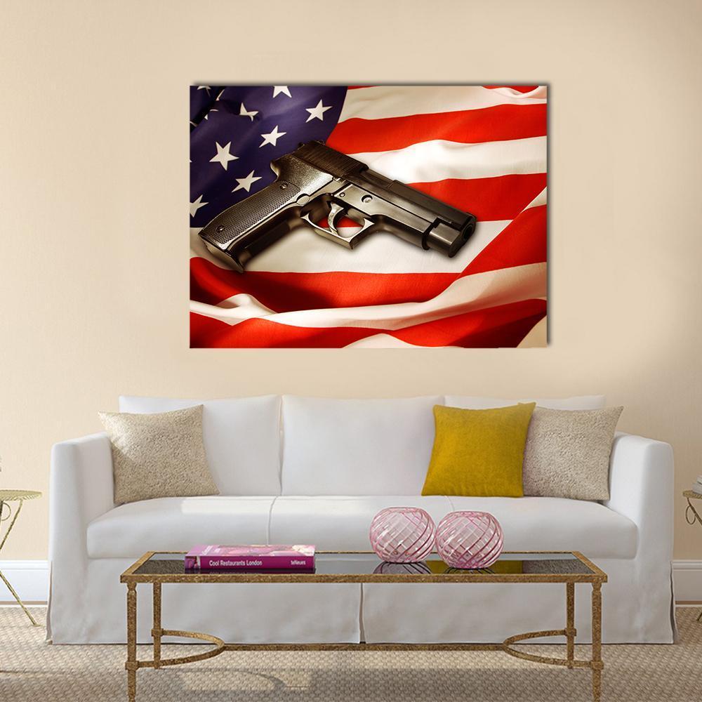 Semi-automatic Pistol on American Flag Canvas Wall Art in white, red and blue, single panel hung on a wall