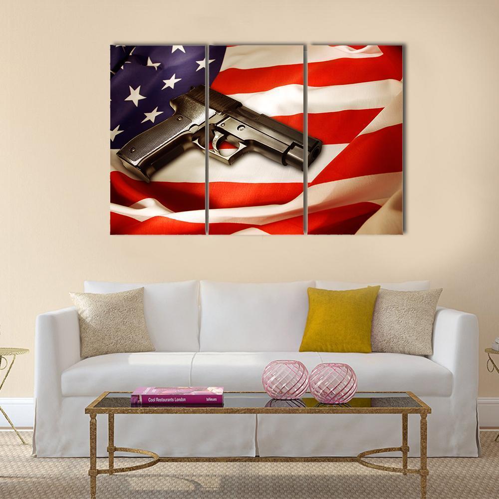Gun Lying On American Flag Canvas Wall Art-3 Horizontal-Gallery Wrap-37" x 24"-Tiaracle